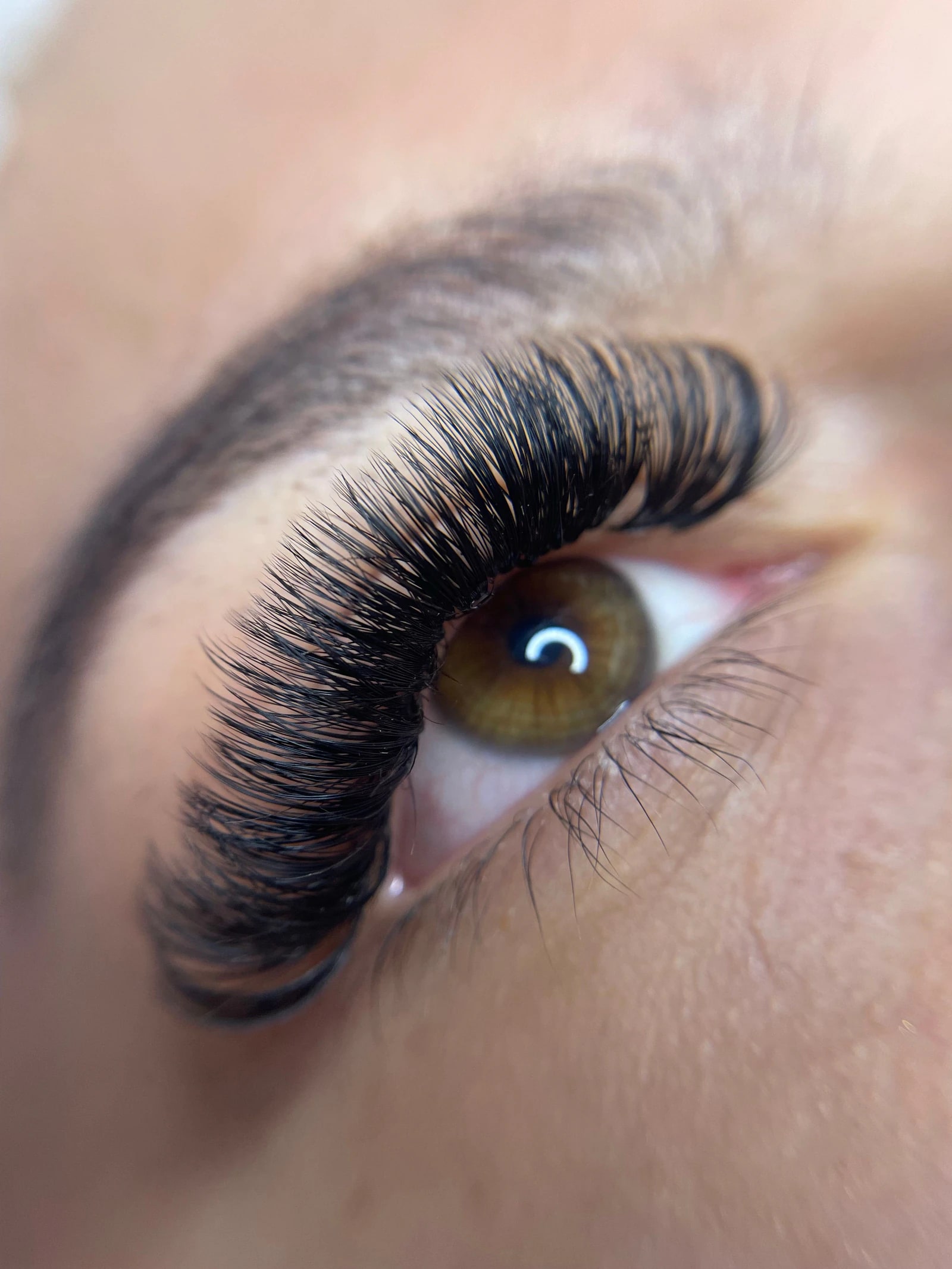 A close-up of a full set of lash extensions